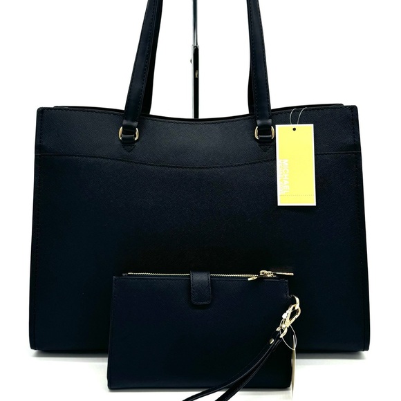 Michael Kors Large MF Pocket Shoulder Tote Bag & Double Zip Wallet Black/Gold - Picture 5 of 16